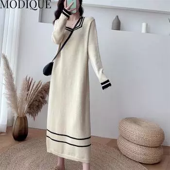 MODIQUE Весна Плюс Размер Женщины Свободные Основы Сладкое Вязание Минималистичный Свитер Длинные Платья Женский Негабаритный Повседневная Юбка с Длинным Рукавом и Квадратным Вырезом XL чёрный