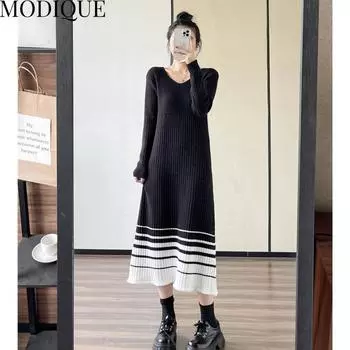 MODIQUE Весна размера плюс Новые женские свободные основы Элегантный жаккардовый вязаный свитер с градиентом Длинные платья Женское повседневное платье с длинным рукавом и v-образным вырезом