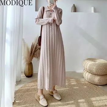 MODIQUE Весна Зима Плюс Размер Новые Женщины Свободные Утепленные Основы Вязаный Свитер В Полоску Длинные Платья Женское Повседневное Платье ПОЛО с Длинным Рукавом L серый