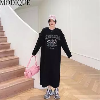 MODIQUE, весеннее платье больших размеров, новое женское свободное универсальное длинное платье с буквенным принтом и цветочным принтом, оборками, женский повседневный хлопковый пуловер с длинными рукавами L чёрный