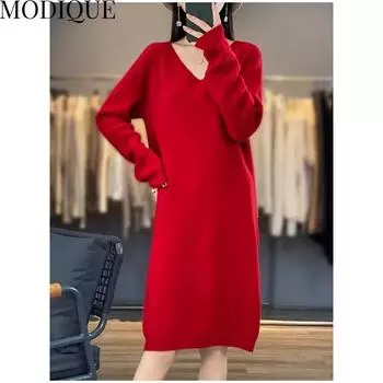MODIQUE, весеннее женское платье больших размеров, свободное универсальное однотонное шерстяное вязаное платье-свитер, женское повседневное пуловер до колена с длинными рукавами и v-образным вырезом L чёрный