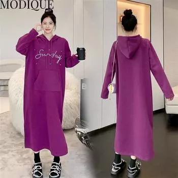 MODIQUE весеннее женское свободное платье больших размеров с буквенным принтом, длинное платье с капюшоном, женский повседневный хлопковый пуловер с длинными рукавами и v-образным вырезом XL фиолетовый