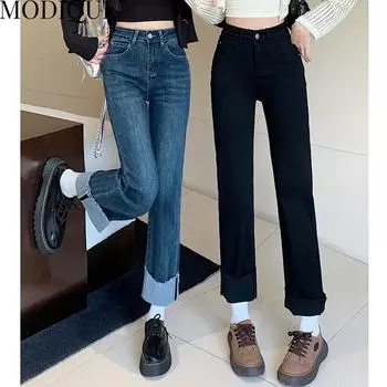 MODIQUE, весенние большие размеры, новые женские винтажные эластичные прямые длинные джинсы с высокой талией, женские базовые повседневные брюки, брюки L синий