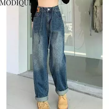 MODIQUE, весенние большие размеры, новые женские свободные винтажные прямые эластичные длинные джинсы на шнурке, женские повседневные универсальные шаровары, брюки L синий
