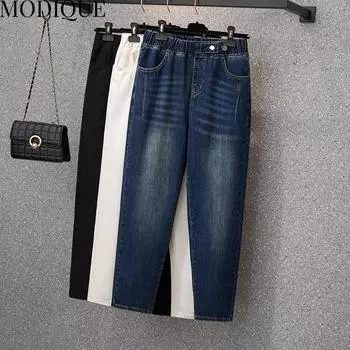 MODIQUE, весенние большие размеры, новые женские свободные винтажные прямые эластичные длинные джинсы с высокой талией, женские повседневные универсальные шаровары, брюки L синий