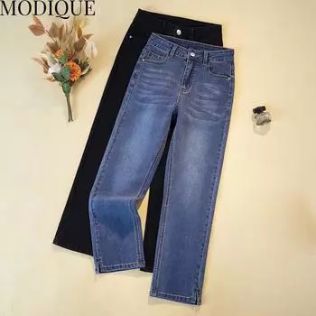 MODIQUE, весенние большие размеры, новые женские свободные винтажные прямые эластичные длинные джинсы с высокой талией, женские повседневные универсальные брюки, брюки L синий