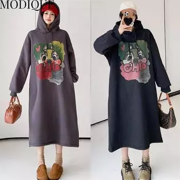 MODIQUE, весенний большой размер, новый женский свободный универсальный плюшевый утолщенный пуловер с капюшоном и мультяшным принтом, женское повседневное длинное платье с длинными рукавами