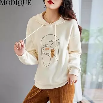 MODIQUE, весенний большой размер, новый женский свободный универсальный минималистичный пуловер с капюшоном и вышивкой, женские повседневные топы с длинными рукавами, толстовка L бежевый