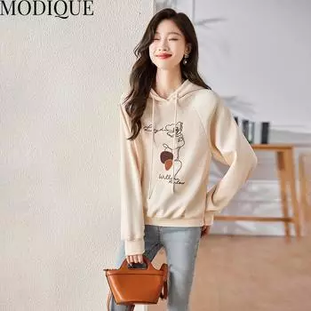 MODIQUE, весенний пуловер больших размеров, новый женский свободный универсальный классический пуловер с капюшоном и буквенным принтом, женский повседневный топ с длинными рукавами, толстовка L хаки
