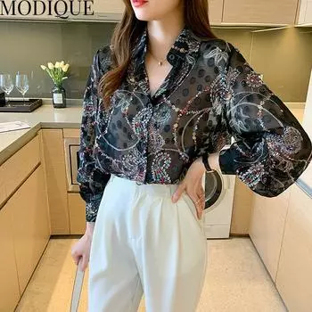 MODIQUE весна лето большие размеры женские свободные элегантные хлопковые шелковые тюлевые блузки с цветочной вышивкой рубашки женские модные повседневные пальто с v-образным вырезом и рукавами-фонариками XL чёрный