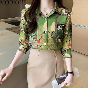 MODIQUE весна лето большие размеры женские свободные элегантные хлопковые шелковые блузки с цветочным принтом рубашки женские модные пальто оверсайз с v-образным вырезом и длинными рукавами XL оранжевый