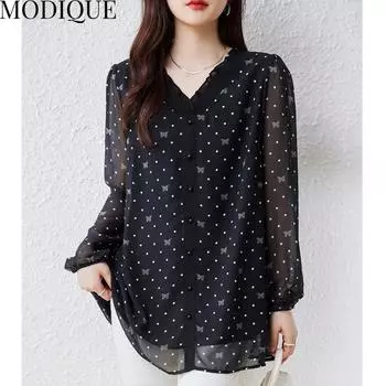 MODIQUE весна лето плюс размер новые женские свободные винтажные шифоновые блузки в горошек с принтом рубашки женские повседневные оверсайз топ с v-образным вырезом и длинными рукавами XL чёрный