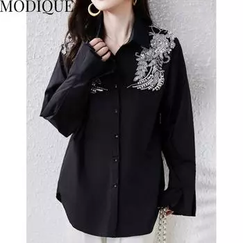 MODIQUE весна лето плюс размер новые женские свободные винтажные шифоновые блузки с цветочным принтом рубашки пальто женские повседневные оверсайз топ с длинными рукавами футболка XL чёрный