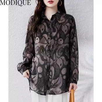 MODIQUE весна лето плюс размер новые женские свободные винтажные хлопковые льняные блузки с цветочным принтом рубашки женские повседневные оверсайз топ с длинными рукавами и v-образным вырезом футболка XL чёрный