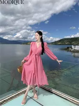 MODIQUE весна-лето женские элегантные повседневные пляжные сетчатые марлевые шифоновые девичьи длинные платья праздничные женские феерические однотонные платья сладкой атмосферы L розовый