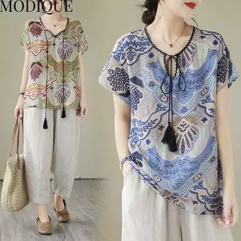 MODIQUE Женская футболка Весна-Лето Большие размеры Народная Свободная повседневная элегантная хлопково-льняная блузка с принтом Рубашки Lady Basics с v-образным вырезом с коротким рукавом синего цвета XL