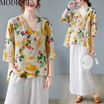 MODIQUE Женская футболка Весна-Лето Большие размеры Свободная повседневная блузка в народном стиле Хлопковое белье Рубашки с цветочным принтом Женские основы с v-образным вырезом и половиной рукава Желтый L