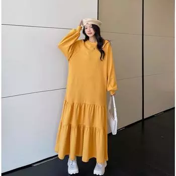 MODIQUE женское платье больших размеров, зимнее, новый стиль, большой бархат, теплые оборки, свободный, толстый, длинный, большой размер, пуловер, желтое платье с круглым вырезом, длинные рукава XL жёлтый