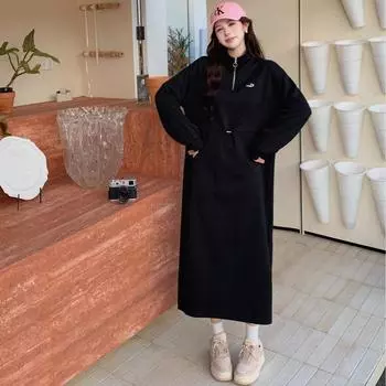 MODIQUE женское платье больших размеров, зимнее, новый стиль, большой бархат, молния, теплое, разрез, свободное, утолщенное, длинное, с воротником-стойкой, с длинными рукавами XL чёрный