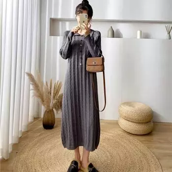 MODIQUE женское платье-свитер больших размеров, зимнее, новое, стильное, однотонное, теплая юбка, элегантный стиль, свободное, длинное, большого размера, трикотажное платье с лацканами, длинный рукав XL чёрный