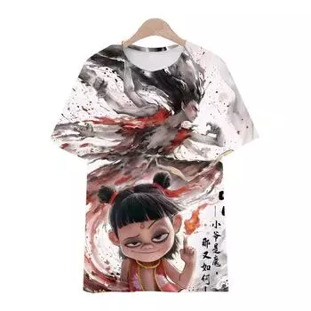 Модная 3D-печатная футболка с рисунком аниме Nezha для мужчин и женщин, летняя футболка с круглым вырезом и короткими рукавами с рисунком Nezha S