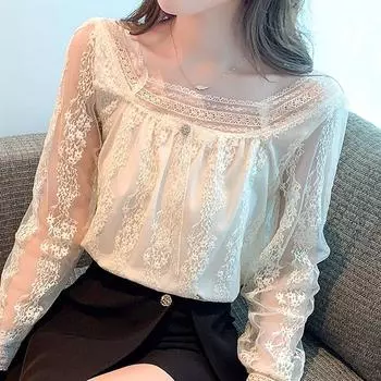 Модная абрикосовая блузка с длинным рукавом и кружевной блузкой, женские топы J316 S абрикосовый