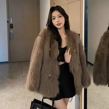 Модная экологичная однотонная шуба из искусственного меха лисы для женщин с элегантным темпераментом S коричневый
