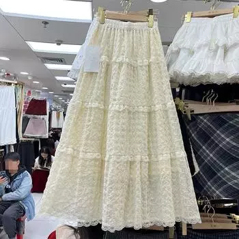 Модная эластичная высокая талия тяжелая промышленность вышивка цветок маятник кружево грибок край длинная юбка европейская станция женская одежда лето 2025 one size fits all абрикосовый