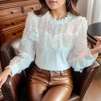 Модная элегантная белая кружевная блузка женская осенняя тонкая полая рубашка с длинным рукавом женские повседневные корейские топы с рюшами Blusas Mujer 29745 S орион