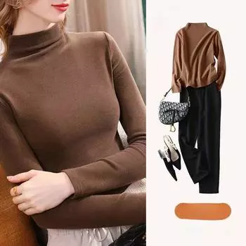 Модная элегантная футболка с длинным рукавом для женщин, осенне-зимние топы, полувысокая горловина, флисовая футболка для женщин, облегающая теплая винтажная однотонная повседневная футболка 25076 M синий