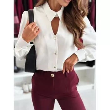 Модная элегантная офисная женская рубашка, новая однотонная, с длинным рукавом, большого размера, простая, с отворотом, V-образным вырезом, свободная блузка, женская повседневная одежда на весну и осень 1984 г. S белый