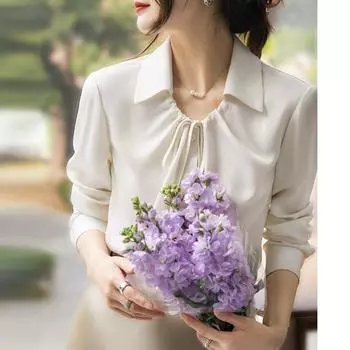 Модная элегантная свободная офисная атласная рубашка женская блузка с V-образным вырезом и длинным рукавом весна-осень с лацканами на шнурке плиссированные повседневные простые топы одежда 2745 S белый