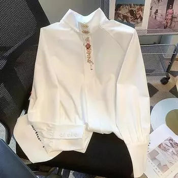 Модная элегантная вышитая рубашка с длинным рукавом 2023, свободная белая блузка с воротником-стойкой, женские осенние женские черные топы 29836 S белый