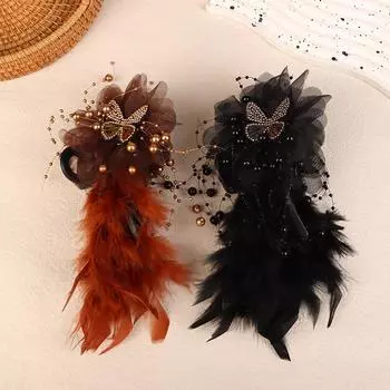 Модная элегантная заколка-кисточка с перьями бабочки и бусинами, корейская заколка-когти акулы для волос, женские темпераментные аксессуары для волос кофейный