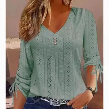Модная элегантная жаккардовая кружевная блузка с длинным рукавом и завязками, женская рубашка с V-образным вырезом, винтажная ажурная однотонная тонкая женская блузка 30658 S зелёный