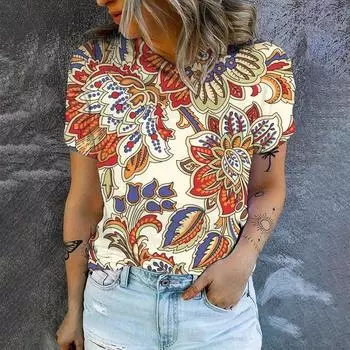 Модная элегантная женская футболка с 3D-принтом, цветочным узором, популярная женская футболка с коротким рукавом в стиле ретро, летняя футболка для отдыха S