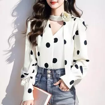 Модная элегантная женская рубашка с V-образным вырезом и принтом в горошек 2025 года, новинка в стиле ретро с длинным рукавом и шнуровкой, свободные повседневные простые топы больших размеров, одежда, топ 3132 M
