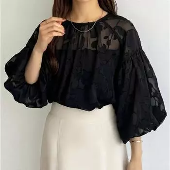 Модная элегантная женская свободная блузка с круглым вырезом и рукавами-фонариками, повседневные рубашки с солнцезащитным кремом, весна-лето, женские ажурные кружевные топы 3472 One Size чёрный