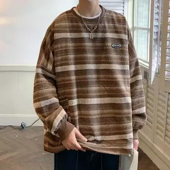Модная американская личность простая полосатая круглая толстовка с круглым вырезом мужская осенняя ретро свободная повседневная Y2K топ с длинными рукавами куртка Ins M чёрный