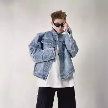 Модная американская мотоциклетная джинсовая куртка: Мужская свободная модель с тисненым узором на весну и осень XL синий