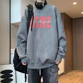 Модная американская оленьая бархатная ретро-толстовка из оленьей кожи, новая осенне-зимняя мужская и женская толстовка Y2K с круглым вырезом и принтом в виде букв, плюс бархатная толстовка S серый