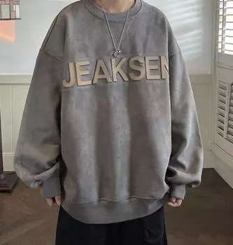 Модная американская ретро-толстовка с буквенным принтом из замши для мужчин на осень Y2K модный бренд американский ретро-топ с круглым вырезом S бежевый