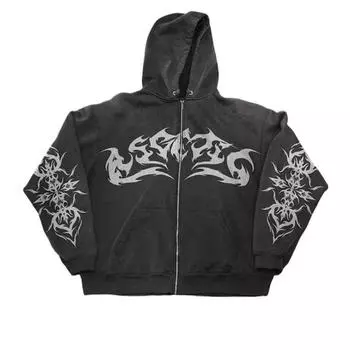 Модная американская толстовка Ins из махрового материала Street Goth Y2k Printed Hooded Hoody Hoody Shirt Womens Casual Sports Mens Loose Zipper Jacket S чёрный