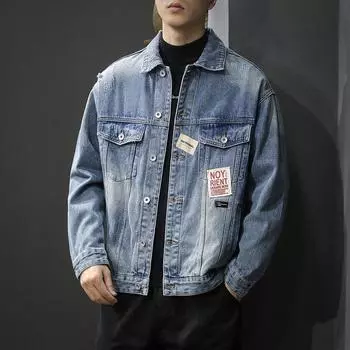 Модная американская тяжелая ретро джинсовая куртка мужская свободная большого размера трендовая рваная джинсовая куртка M синий