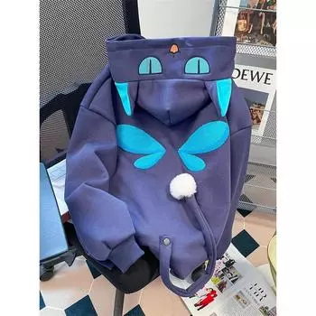 Модная американская уличная одежда, большой размер, маленькие крылья, вышитый хвост, капюшон, толстовка для мужчин и женщин, утепленное пальто для пары в ленивом стиле S синий