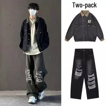 Модная американская вельветовая джинсовая куртка и костюм из потертых джинсов на осень/зиму jeans one piece, M чёрный