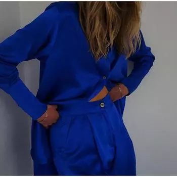 Модная атласная длинная рукава женская блузка наряд повседневный свободный комплект с прямыми брюками на пуговицах женский шикарный однотонный комплект S зелёный