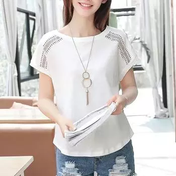Модная ажурная однотонная белая блузка повседневная летняя новинка 2024 года повседневная женская одежда 5XL с круглым вырезом и рукавами «летучая мышь» женские топы D670 30 M белый