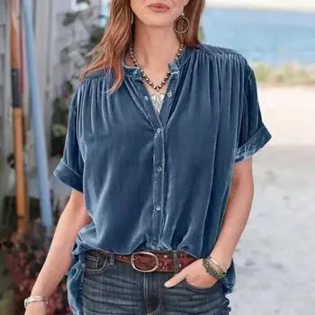 Модная бархатная свободная повседневная блузка, женские топы, однотонные с круглым вырезом, с коротким рукавом, женская летняя элегантная офисная женская рубашка 30480 S синий