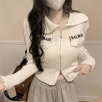 Модная базовая рубашка для женщин, весенняя одежда, корейская версия, ретро, двойная молния, надпись, длинный рукав, трикотажная футболка, короткий топ S чёрный